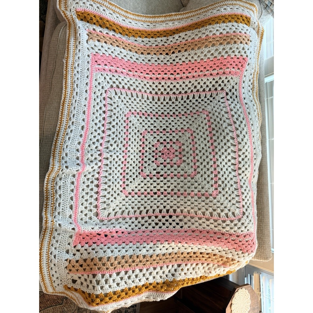 Vtg Handmade Crochet Granny Square Afghan Blanket Rainbow Multicolor Boho